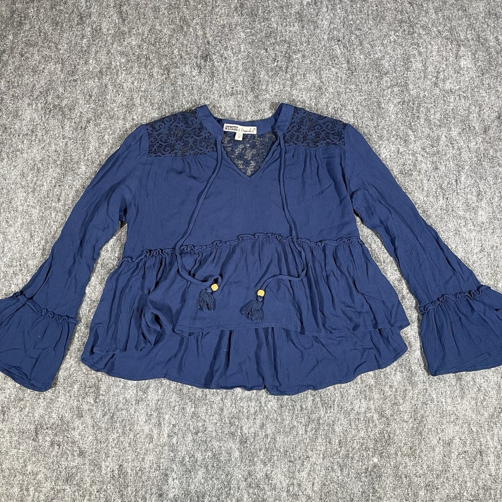 Gypsies & Moondust Boho Bell Sleeve Blue Top Women's Size M Witchy Crochet Crop - Picture 2 of 13